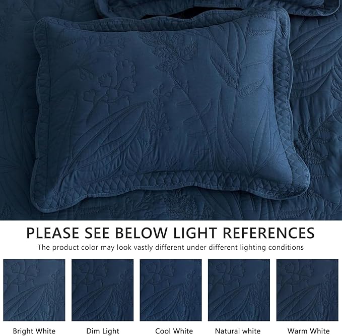 Botanical Oversized Bedspread King Size - Leaves Pattern Stitching Quilt Set - Elegant & Fresh Style Bedding Coverlets, Reversible, Lightweight, 5 Piece, Navy
