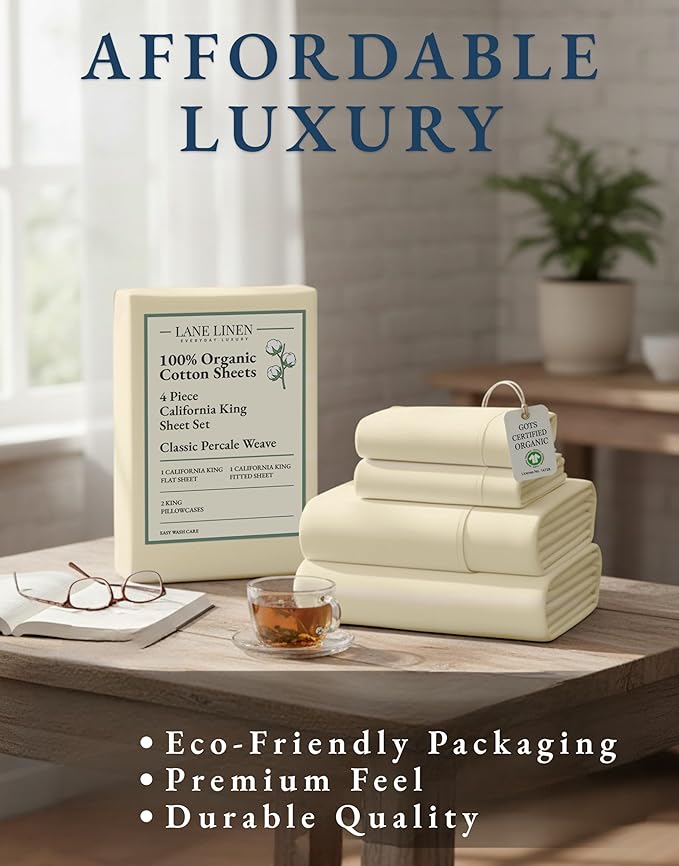 LANE LINEN 100% Organic Cotton California King Sheets Set, 4-Piece Pure Organic Cotton Long Staple Percale Weave Soft Best Bedding Sheets for Bed, Breathable, Fits Mattress Upto 15" Deep - Natural