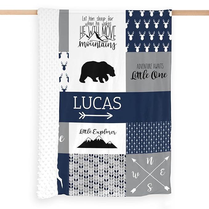 Personalized Baby Blanket, Blue Woodland Baby Blankets for Boys, Super Soft Nursery Blankets with Cotton Front and Dotted Fleece Backing, Printed Bed Throws Newborn