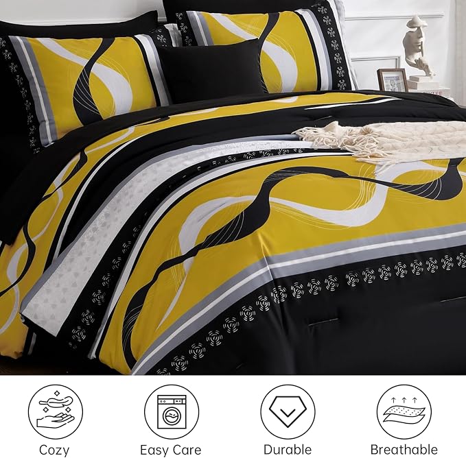 Anibedding Yellow Black Comforter Set Queen Size,8 Pieces Bed in a Bag Patchwork Striped Bedding Sets,Boho Soft Microfiber Bedding Set for All Season(90"×90")