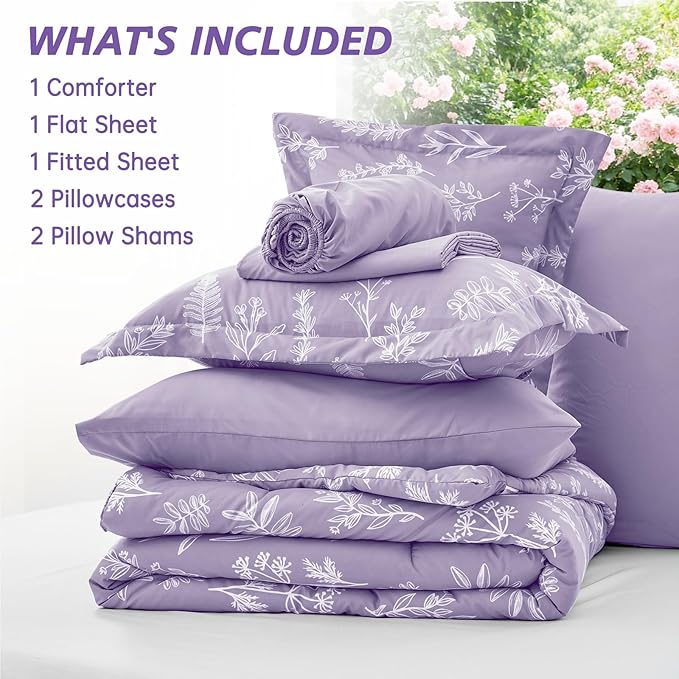 MUXHOMO Lavender Purple Bed in a Bag Queen 7 Pieces, Queen Comforter Set Reversible Botanical Flowers Design, Ultra Soft & Breathable Bedding Sets with Comforter, Sheets, Pillowcases & Shams