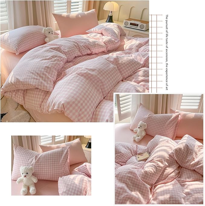 VM VOUGEMARKET Cute Pink Gingham Duvet Cover Set for Girls, Soft Washed Cotton Bedding Set with Pillowcases, Aesthetic Plaid Comforter Cover for Teen Girls, Students, Bedroom Dorm Decor, Queen Size