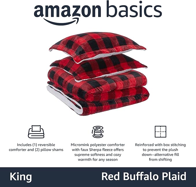 Amazon Basics 3 Piece Bedding Set, Micromink Sherpa, Ultra-Soft, Warm All Season Comforter, King, Red Buffalo Plaid