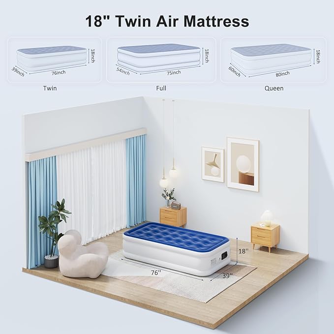 Twin Air Mattress with Built-in Pump, 18" Raised Inflatable Bed Blow Up Mattress, Comfort Portable Air Bed for Camping, Home Guests, Travel 550 lbs Max