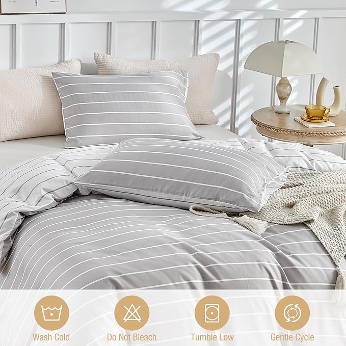 Lekesky Striped Duvet Cover Queen Size, Grey Striped Queen Duvet Cover Set, Soft Microfiber Queen Comforter Cover 3 Pieces Grey Bedding Sets with Zipper Ties & 2 Pillowcases 20"x26"