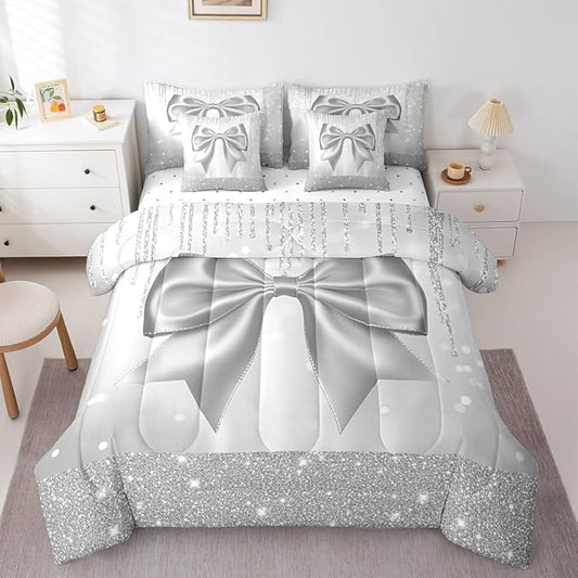 Feelyou Bowknot Comforter Set Queen Size 7 Pieces Dreamy Princess Bedding Set for Kids Boys Girls Glitter Bed in a Bag with Comforter, Sheets, Pillowcases, Cushion Covers Cute Bow Quilted Soft