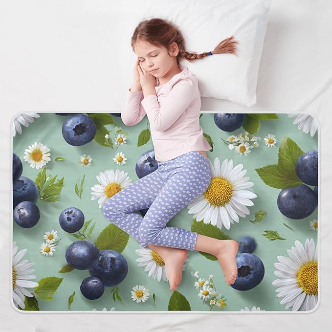 Waterproof Bed Pad Reusable Changing Pad Toddler Mattress Protector Large Pee Pad Baby Diaper Pad Soft Washable Liner Blue Blueberries and Daisies
