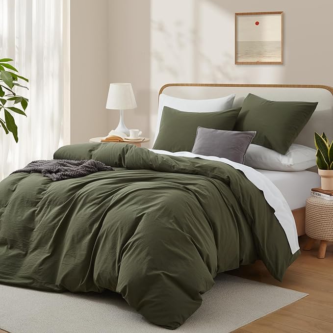 LOVQUE Olive Green Duvet Cover Full Size, 100% Washed Cotton Linen Like Bedding Set with Zipper Closure (No Comforter), 80x90 Inches