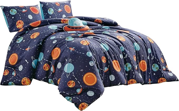 Chezmoi Collection 3-Piece UFO Aliens Twin Boys Bedding Sets - Soft Microfiber Multi-Color Universe Galaxy Kids Comforter Set Twin Size