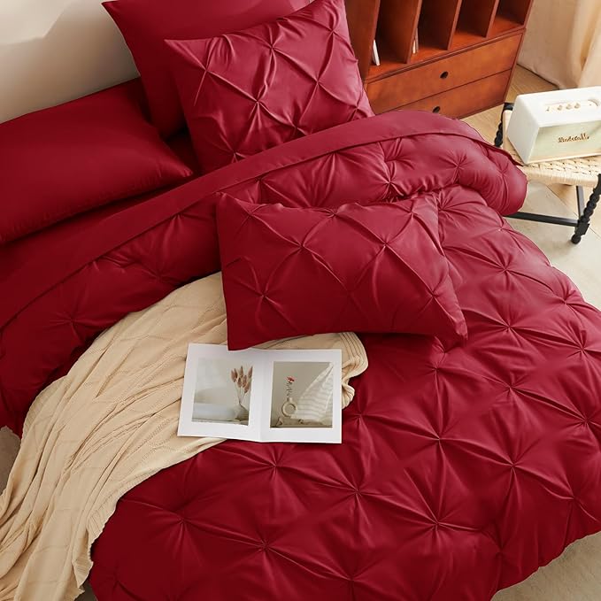 King Comforter Set Dark Red, 7 Pieces Pintuck Bed in A Bag King Size Bedding, Soft Bed Set All Season Pinch Pleat Comforter Set with Sheets, Pillowcases & Shams
