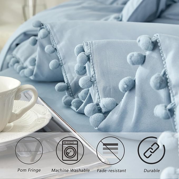 PERFEMET Full Pom Pom Comforter 5 Pieces Aesthetic Grayish Blue Pom Bed in A Bag Soft Fluffy Blue Solid Bedding Sheets and Comforter for Boys Kids(Grayish Blue, Full)