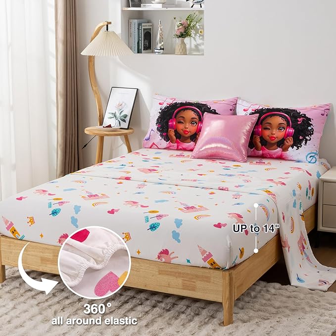 A Nice Night Pink Comforter Sets, Girl Winking Listening Music Printed, 6Pcs Bed in A Bag Twin Size All Seasons Bedding Set,for Kids, Girls