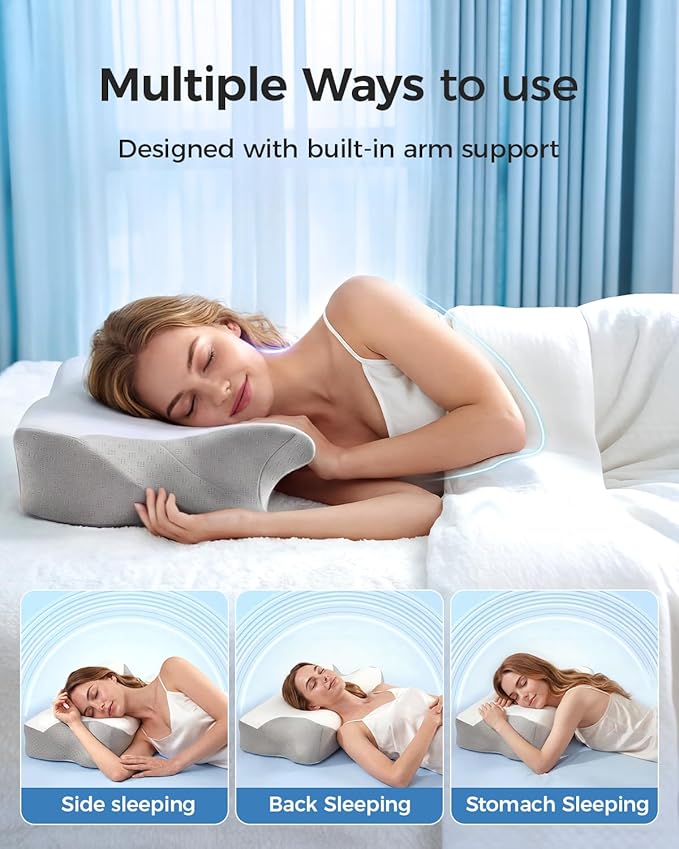 Ergonomic Cervical Memory Foam Pillow with Wide Arm Support Area, Cooling Breathable Removable Pillowcase, for Side, Back and Stomach Sleepers, for Better Neck Comfort