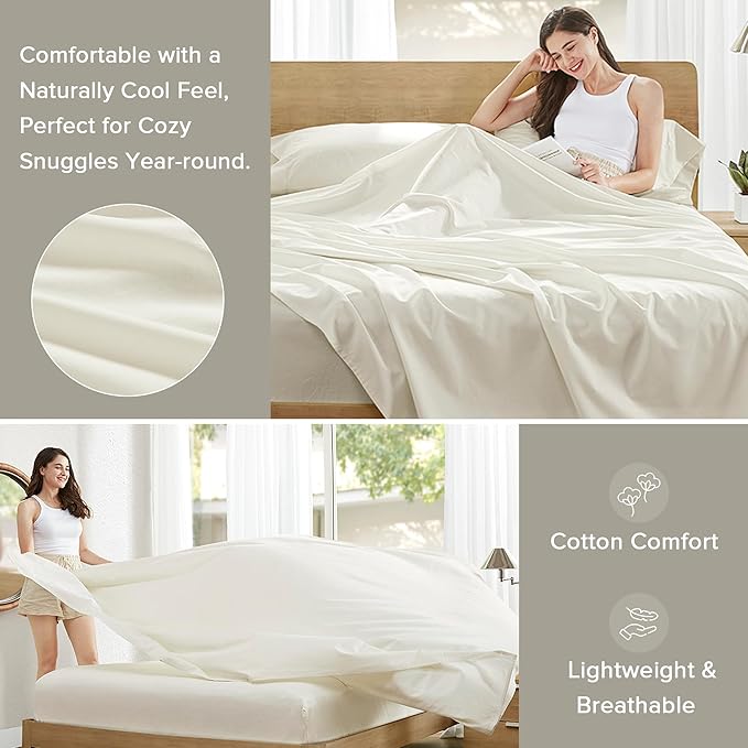 Comfort Spaces 100% Cotton Sheets Twin XL, Breathable, Soft Cotton Sheets, Naturally Cool Cotton Bed Sheets with 12" Elastic Pocket Fits up to 14" Mattress, All Season Sheet Set, Twin XL Ivory 3 Piece