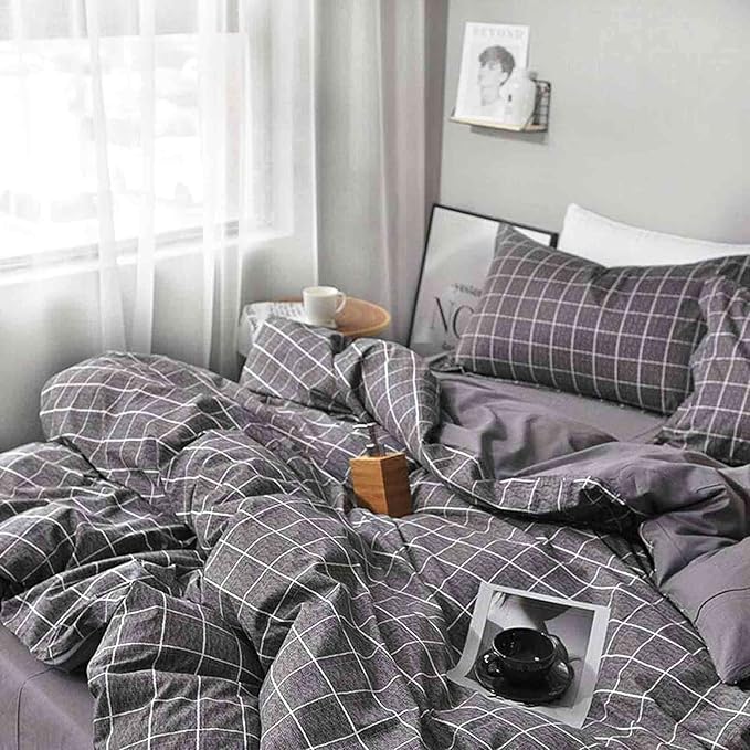 Nanko King Duvet Cover Set Grid, 104x90 Soft Bedding Cover, Luxury Lightweight Microfiber 3pc Set (1 Cover 2 Pillowcase) with Zip, Tie - Modern Style Bed Quilt Bed Cover for Men Women, Gray Plaid