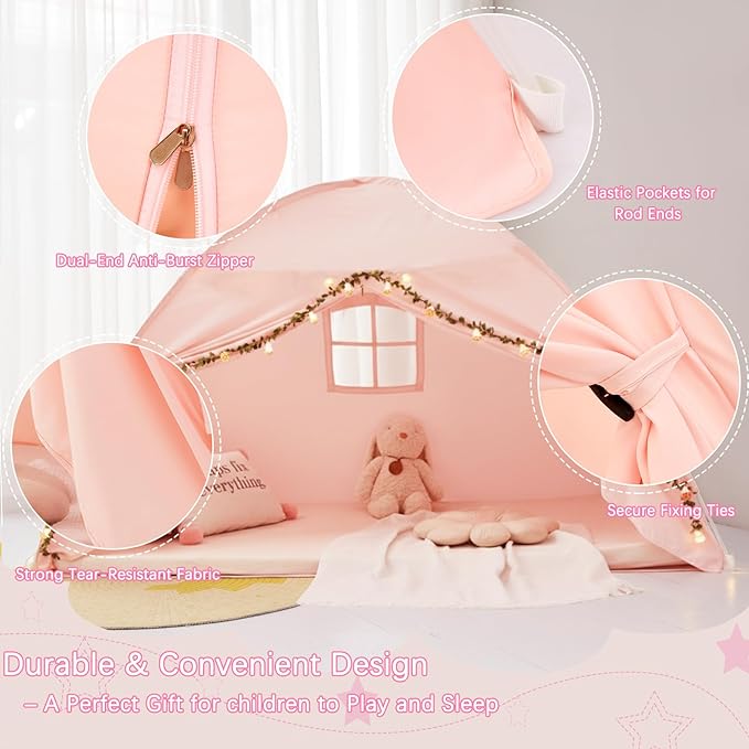 Akiky Bed Tent Bed Canopy Twin Size with Bottom,Kids Tent Indoor Floor Bed with Mushroom Lights Portable Foldable Bunk Bed Curtains for Girls Boys(Pink,Twin)