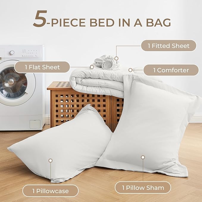 Sasttie Twin XL Comforter Set, 5 Pieces Twin XL Bed in a Bag, Complete Bedding Set Includes Comforter, Flat Sheet, Fitted Sheet, Pillowcase and Pillow Sham, Ivory