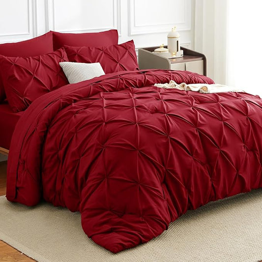 King Comforter Set Dark Red, 7 Pieces Pintuck Bed in A Bag King Size Bedding, Soft Bed Set All Season Pinch Pleat Comforter Set with Sheets, Pillowcases & Shams