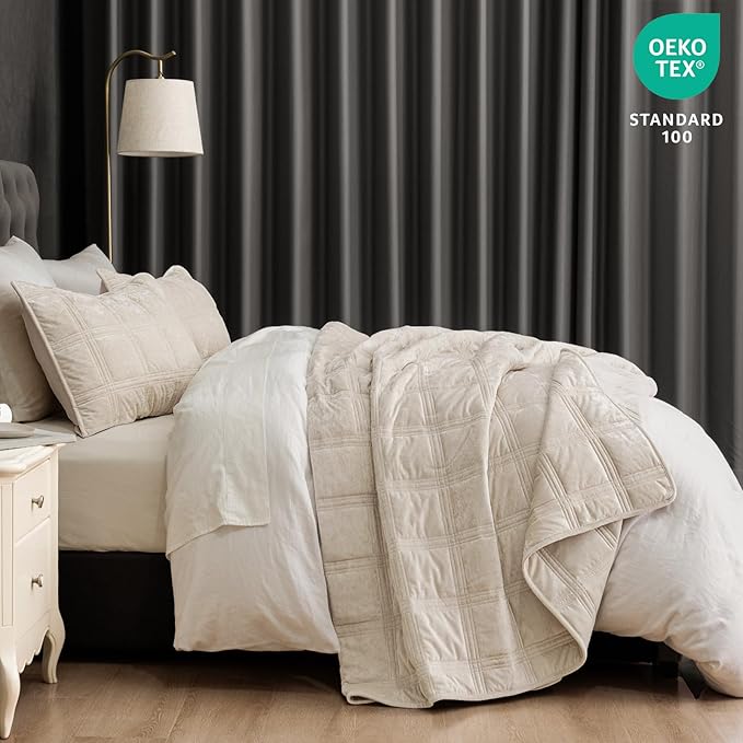 PHF Ultra Soft Velvet Quilt Set King Size – 3PCS Luxurious Cozy Quilted Comforter Alternative with Diamond Pattern, Warm Quilted Bedspread Coverlet, 108" x 92", Sand