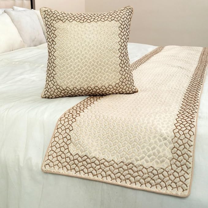 The HomeCentric King/Queen/Twin Ivory & Gold Designer Queen 74"x18" Bed Runner with Pillow Cover, Mosaic & Beaded Bed Scarf on Jacquard Fabric - Tessellation