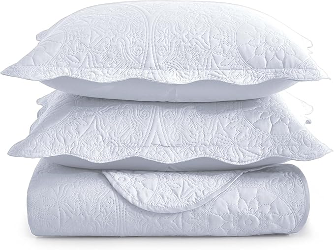 IR Imperial Rooms King Quilt Bedding Set Size (106" x 96") + 2 Pillow Shams (20" x 36"+ 2") - 3 Pcs All Season Lightweight Reversible Microfiber Coverlet Floral Embossed Quilt Bedspread (White)