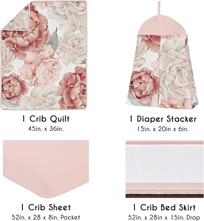 Sweet Jojo Designs 4-Piece Baby Crib Bedding Set (Pink Boho Floral) for Girls, Infants/Nursery incl. Blanket, Fitted Sheet, Skirt, Diaper Stacker (Watercolor, Bohemian, Wildflower, Vintage, Elegant)