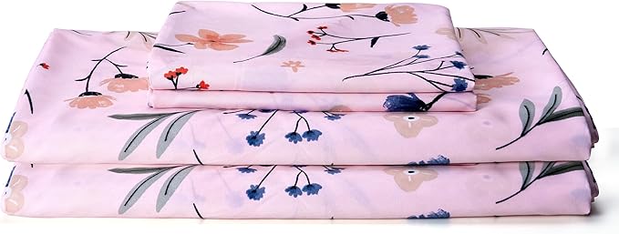 Pink Queen Sheets Set Flower Bed Sheets 4 Piece - Pink Botanical Patterned Sheets Microfiber Bedding Decor - Breathable & Durable Queen Sheet Set Up to16 Inches Deep Pocket Queen Bed Sheets