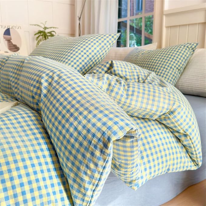 LifeTB Queen Comforter Set Blue Yellow Gingham Comforter with 2 Pillowcases Modern Style Geometric Plaid Comforter 3 Pieces Farmhouse Gingham Bedding Set Fluffy Grid Checkered Comforter Set