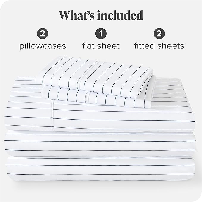 Bare Home Ultra-Soft Microfiber Split King Bed Sheets - Deep Pockets - Easy Fit - 5 Piece Set - Pinstripe (White/Marine)