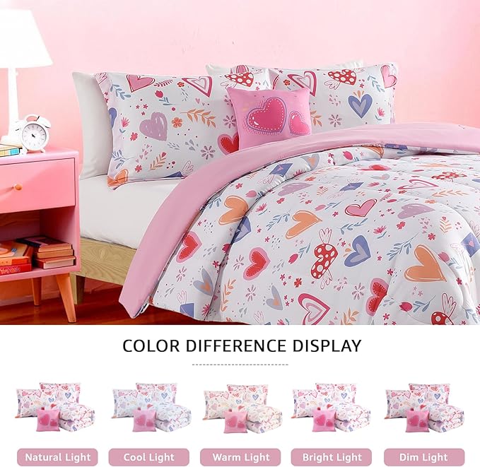 Full Size Comforter Set for Girls - 4 Pieces Heart Love Full Bedding Sets for Kids,1 Comforter, 2 Shams and 1 Decor Pillow