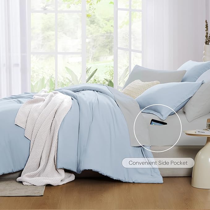 WRENSONGE Queen Comforter Set - 7 Pieces Ice Blue Soft Bed in a Bag Queen with Fitted Sheet, Flat Sheet, 2 Pillow Shams, and 2 Pillowcases- Warm Bedding Sets for All Season