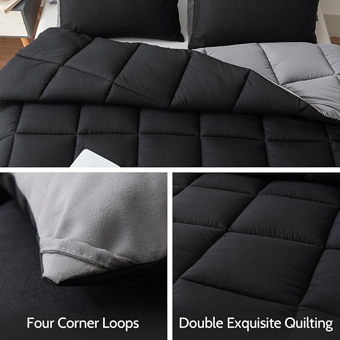 Decroom Lightweight Queen Comforter Set with 2 Pillow Sham - 3 Pieces Set - Quilted Down Alternative Comforter/Duvet Insert for All Season - Black/Grey - Queen Size