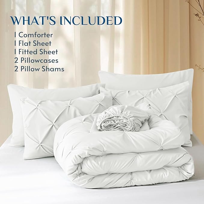 JOLLYVOGUE Queen Comforter Set 7 Pieces - Bed in a Bag Queen for All Season, Pintuck Bedding Comforter Sets with Comforter, Flat Sheet, Fitted Sheet and Pillowcases & Shams, White