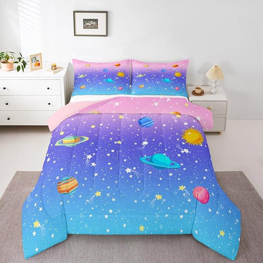 Erosebridal Cute Galaxy Comforter Set Full for Boys Girls Kids Stars Planet Space Bedding Set Kawaii Rainbow Pastel Bedding Comforter Sets Pink Blue Purple Ombre Cartoon Quilt Duvet 2 Pillow Cases