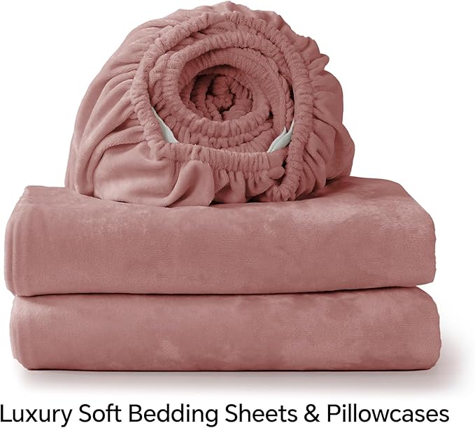 BEDELITE Velvet Fitted Sheet and Pillowcase Set, Luxury Soft Fuzzy Bottom Sheet with Reinforced Elastic Corner Straps, Deep Pocket up to 15 Inch, 1 Fitted Sheet and 1 Pillowcase (Twin, Dusty Pink)
