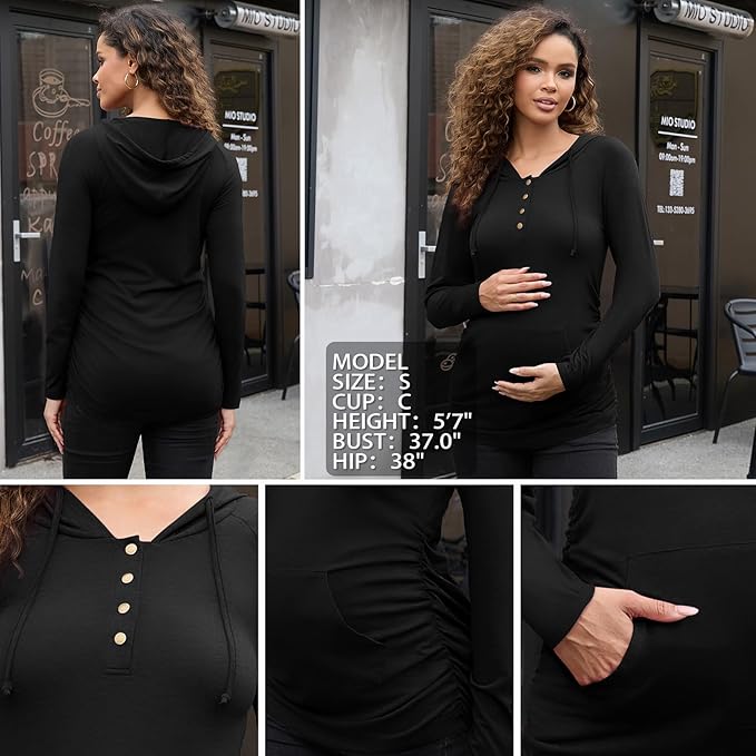 Bhome Maternity Hoodies Button Front Drawstring Hooded Shirt Long Sleeve Pullover Lightweight Sweatshirt with Kangaroo Pocket