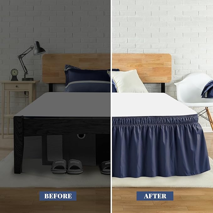 Queen Bed Skirt, Elastic Wrap Around Bed Skirt Queen Size, Bed Skirts for Adjustable Bed, Easy Fit with 18" Drop Length Tailored Drop Dust Ruffle (Navy)