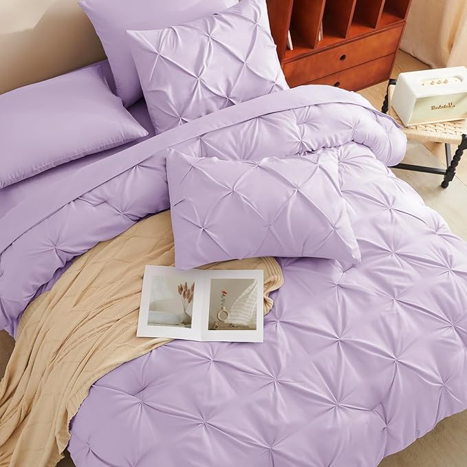 Full Comforter Set Lavender, 7 Pieces Pintuck Bed in A Bag Full Size Bedding, Soft Bed Set All Season Pinch Pleat Comforter Set with Sheets, Pillowcases & Shams