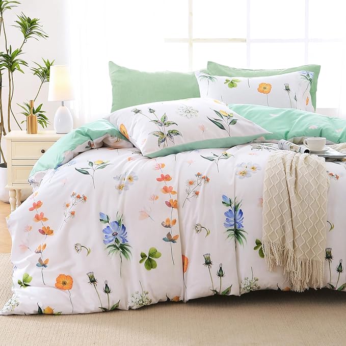 MUXHOMO Multi Flower Full Comforter Set, Elegant Floral Print Bed in a Bag 7 Pieces, Ultra Soft & Breathable Reversible Botanical Pattern Bedding Set with Comforter, Sheets, Pillowcases, and Shams