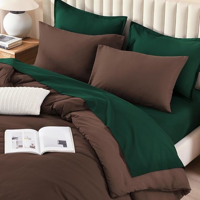 Litanika Twin/Twin XL Size Comforter Sets Brown Emerald Green - 5 Pieces Bed in a Bag, Lightweight Bed Set with Comforter, Sheets, Pillowcase & Sham