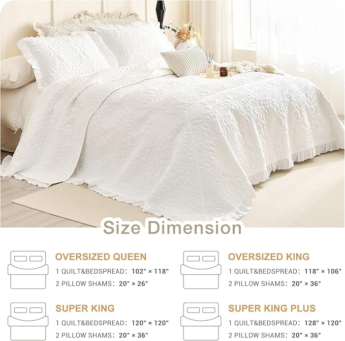 Masaca Oversized King Bedspread 120x120,White Ruffled Oversized King Quilt,3 Piece Lightweight Farmhouse Shabby Boho Chic Rustic Crinkled Stone-Washed California King Bedding Set for All Season