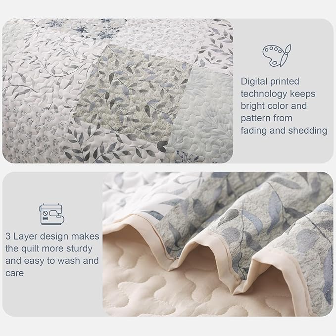 Exclusivo Mezcla Reversible Boho Quilts Queen Size, Gray Bedspreads Lightweight Coverlet All Season Patchwork Quilt Bedding Set with Printed Floral Pattern (1 Quilt, 2 Pillow Shams)