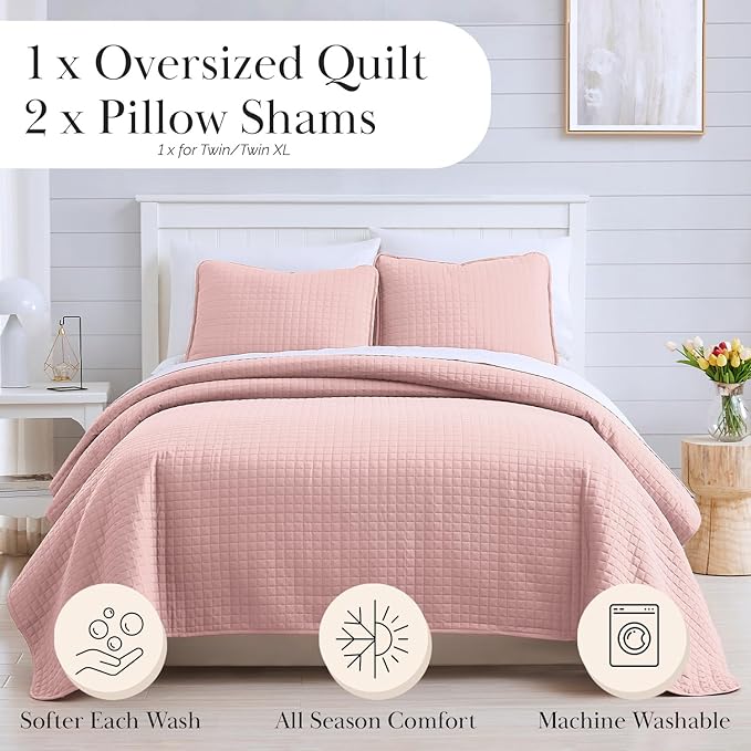 Southshore Fine Living, Inc. Pink King Quilt Set with 2 Pillow Shams, Stitched Lightweight Coverlet, King Size, Stain & Pet Hair Resistant Bedding Set, Fits Standard or California Beds, Pastel Pink