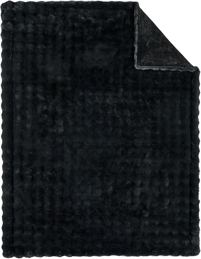 Lotus Karen Faux Fur Blanket - Black Twin Size, Big Bubble Rabbit Fluff, 60x80 Inches