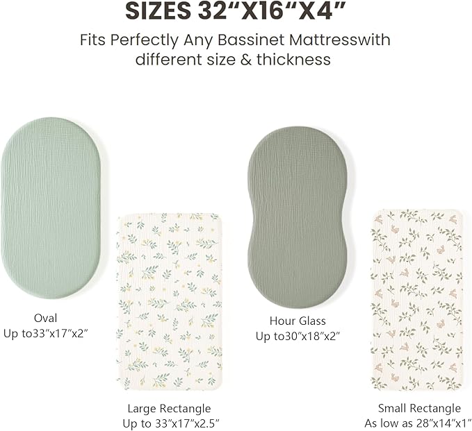 Konssy 2 Pack Muslin Bassinet Sheets for Boys, Girls, 100% Cotton Soft Breathable Fitted Bassinet Mattress Sheet, 32 x 16 inches (Sprout,Fog Green)