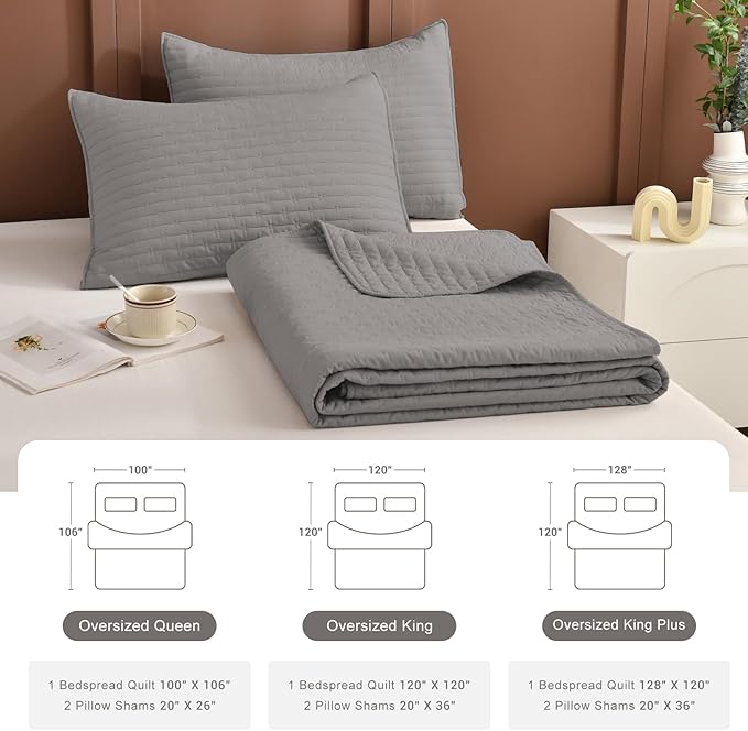 Lady Ann Oversized Queen Quilt 100x106, Gray Oversized Queen Bedspreads Set for Bed, Lightweight & Soft Farmhouse Coverlet All Season Extra Large 3 Pcs Quilted Bedding Sets