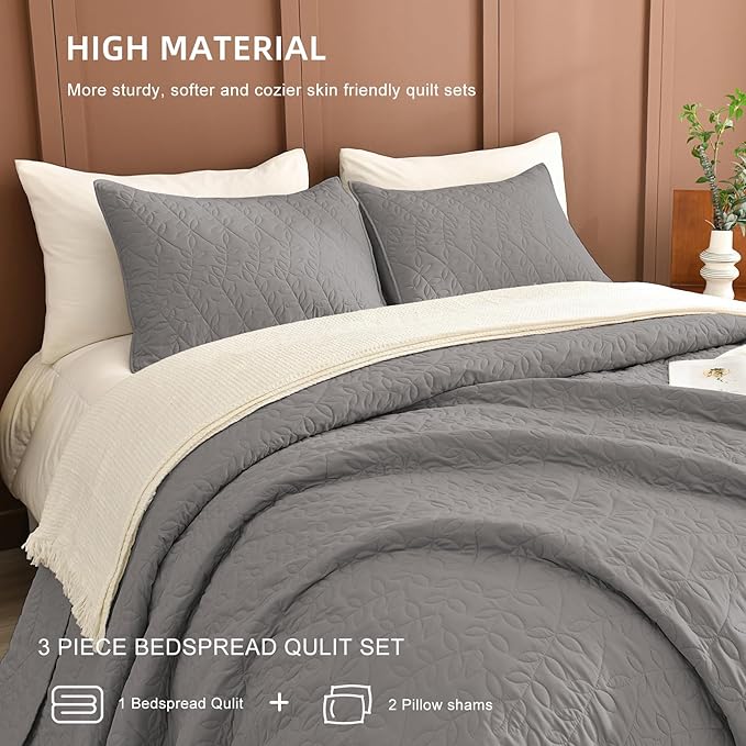 Lady Ann Gray Oversized King Bedspread 120x120, 3Pcs Extra Large Farmhouse Lightweight King Quilt Bedding Set Gray Soft Quilted Leaves Pattern Printed Bedspreads for All Season