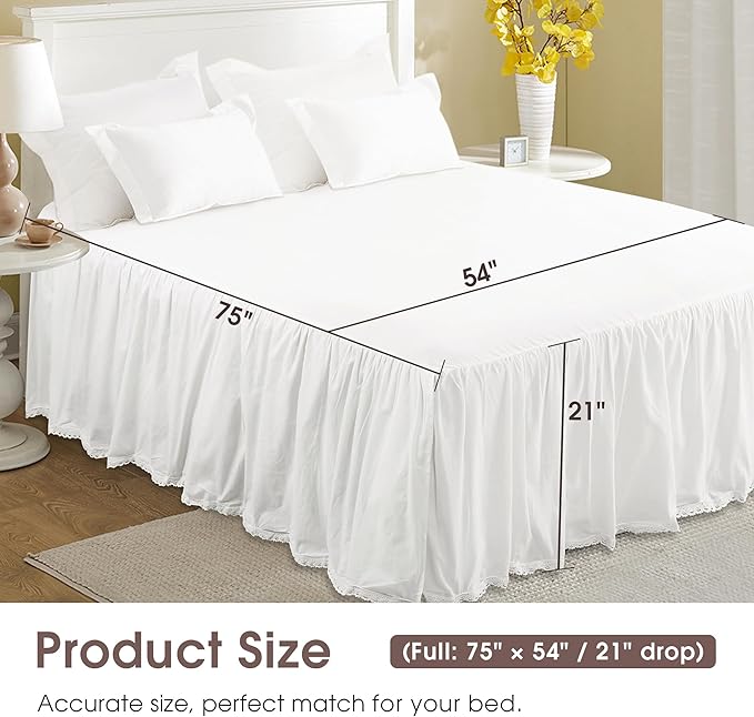 Full Size 21" Drop - White Lightweight Cotton Bed Skirt with Crochet Trim - Dust Ruffle with Split Corner - Soft, Elegant, Breathable Bedding Accessory