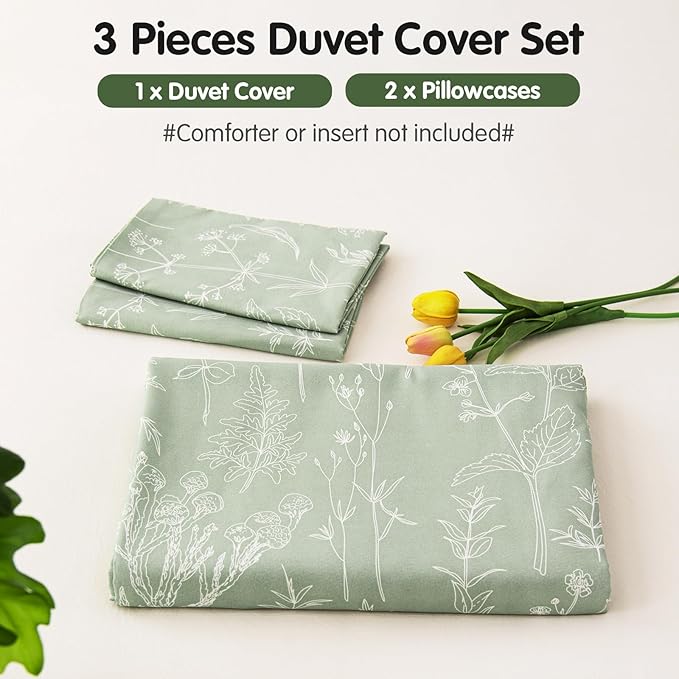 Lekesky Floral Duvet Cover King Size, Sage Green Duvet Cover King Plant Flowers Pattern Bedding Set for All Season, Soft Breathable Duvet Cover with Zipper Closure & Corner Ties