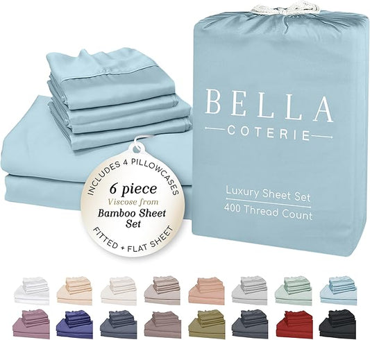 Bella Coterie 6 Piece Luxury Bamboo Viscose Queen Size Sheet Set | 100% Organically Grown | Cooling for Hot Sleepers | 18" Deep Pocket | Soft & Hypoallergenic | 4 Pillowcases [Coastal Blue]